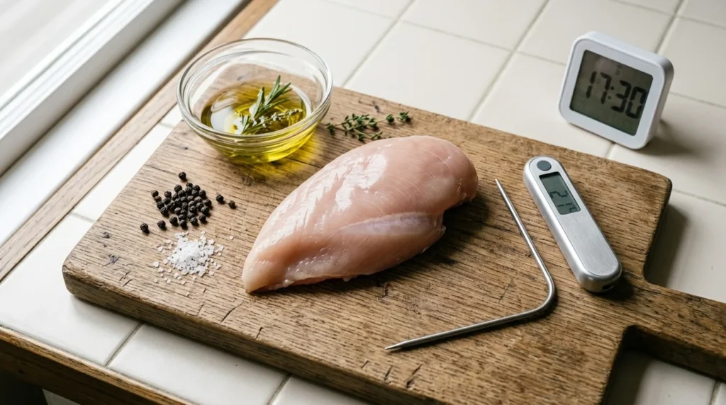 A detailed close-up of a raw chicken breast and essential preparation tools on a wooden board, ready for seasoning and baking.