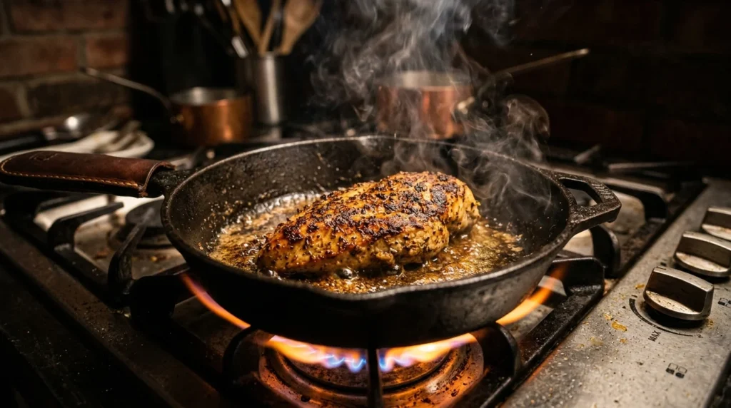 Pan-searing a chicken breast before baking to lock in juices for a flavorful baked chicken breast.