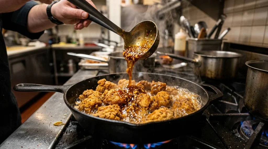 Honey Garlic Chicken cooking in a skillet with sticky glaze