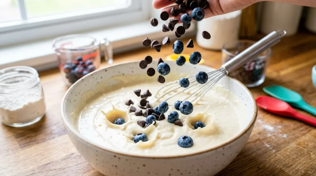 Adding chocolate chips and blueberries to customize a pancakes recipe batter.