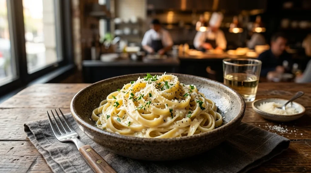 A close-up shot of homemade creamy garlic pasta topped with parmesan cheese and fresh parsley in a rustic bowl.