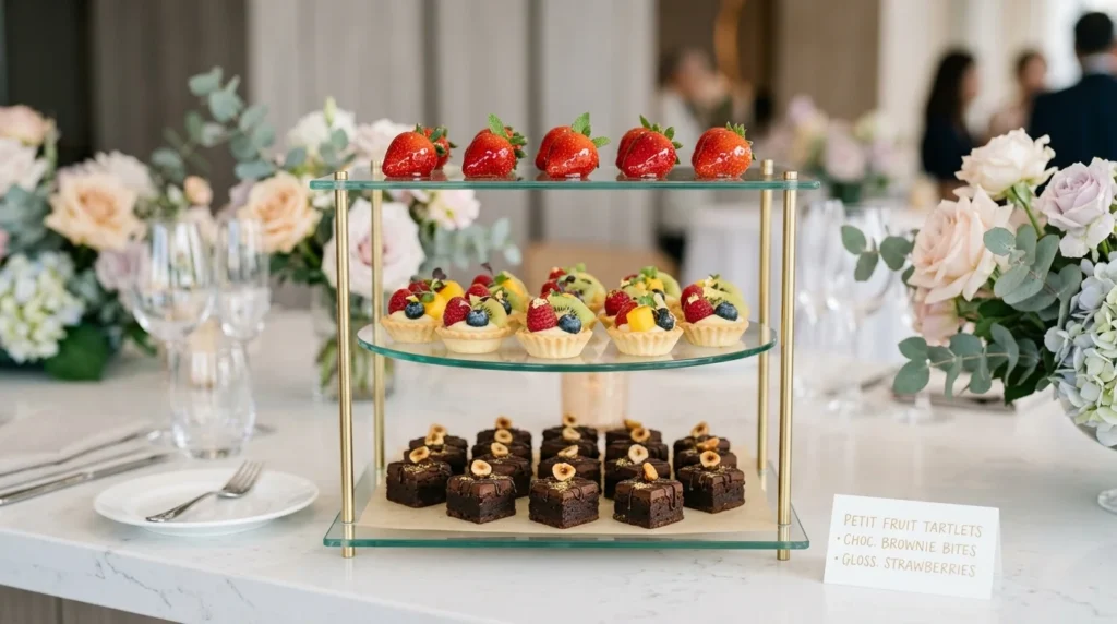 Elegant dessert station with bite-sized treats illustrating sweet buffet and finger food ideas.