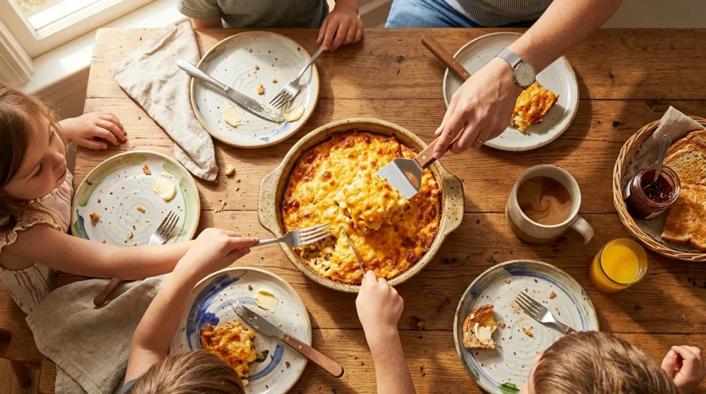 A detailed overhead view of a rustic kitchen counter with a clear measuring pitcher of whole milk and a bowl of eight large eggs, illustrating the perfect golden ratio for a breakfast casserole custard.