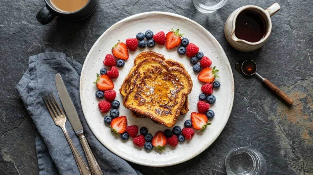 Top view of french toast with berries and syrup served separately to keep the crust crispy.