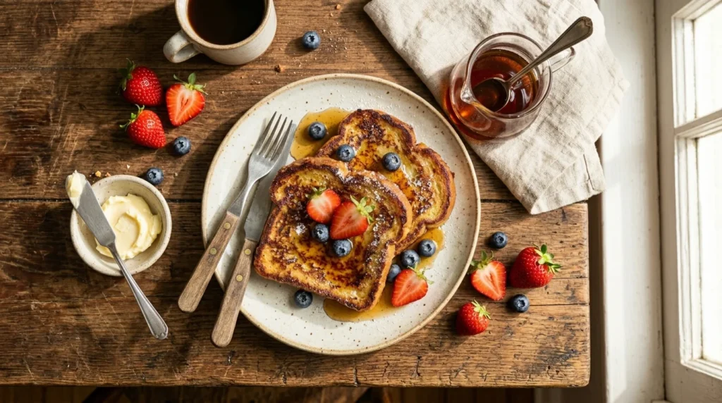 Top view of french toast served on a sunlit breakfast table.