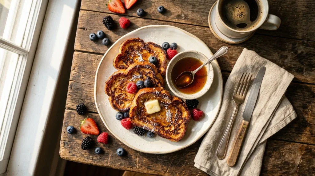 Overhead view of crispy french toast served with berries and syrup.