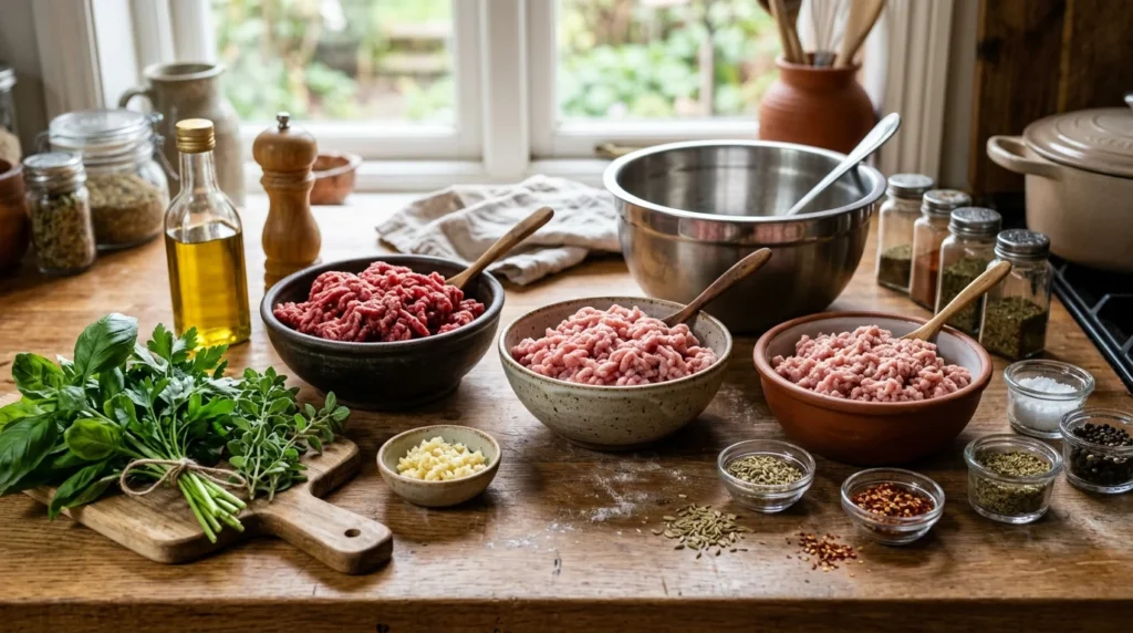 Ground beef, pork, and veal prepared for making tender homemade meatballs.