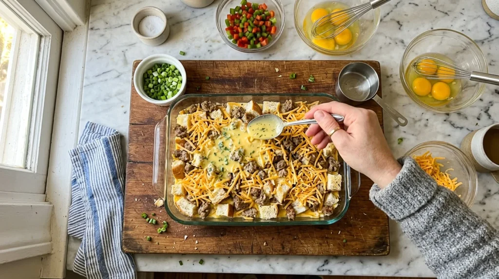 A person pouring raw egg custard over an overnight breakfast casserole in a glass baking dish during meal prep