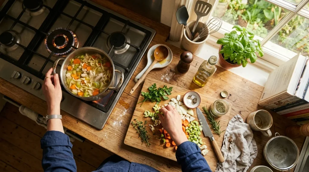 Home cook recovering from a chicken noodle soup cooking mistake in a cozy Sunday kitchen.