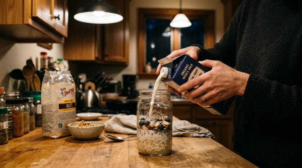 Preparing Overnight Oats in a jar before bedtime.