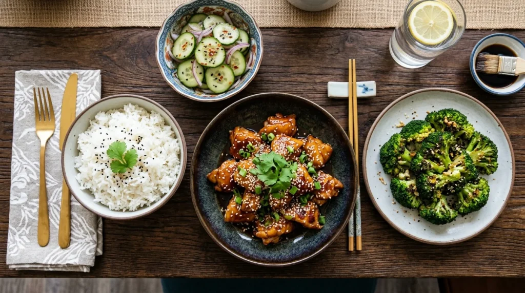 Honey Garlic Chicken served with rice and fresh side dishes
