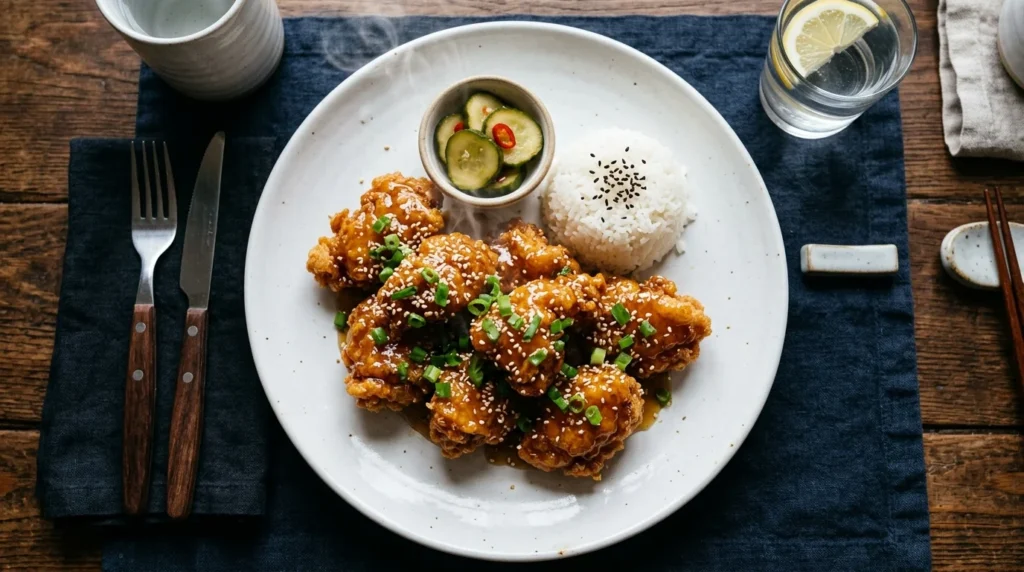 Restaurant-style Honey Garlic Chicken with sticky glaze and sesame garnish served on a white plate