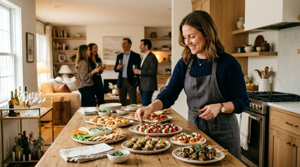 A relaxed host presenting varied prep-ahead finger food and buffet ideas on a kitchen counter while guests mingle in the background.