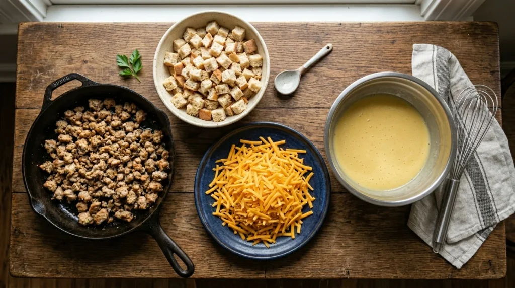 A finished, golden-brown Sharp Cheddar breakfast casserole steaming in its ornate baking dish, ready to serve, set upon the rustic oak wood table.