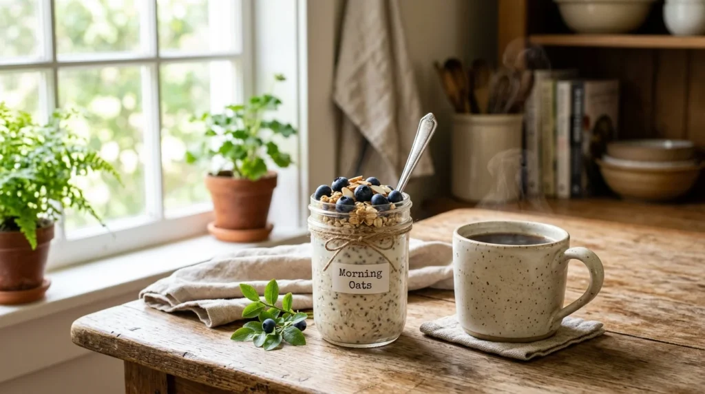 A fresh jar of healthy overnight oats on a sunny morning kitchen table.