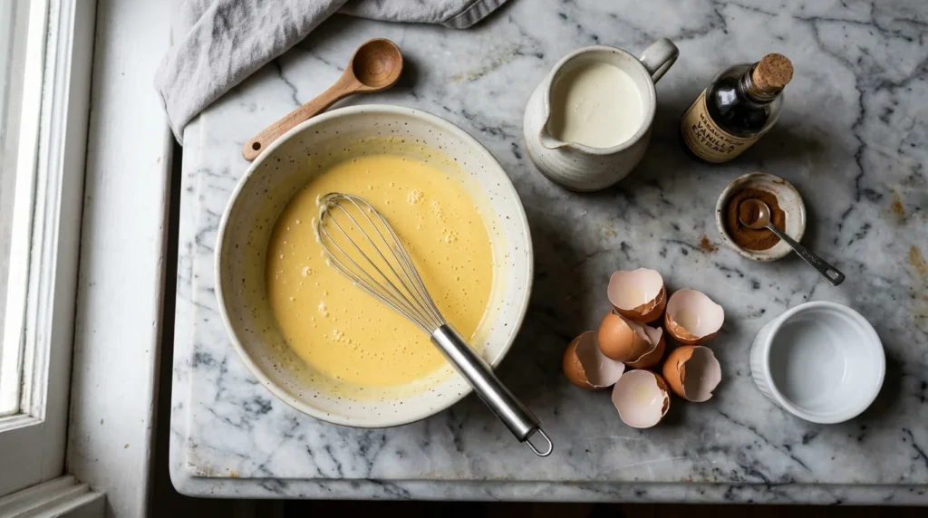 Overhead view of ingredients used to make french toast custard.