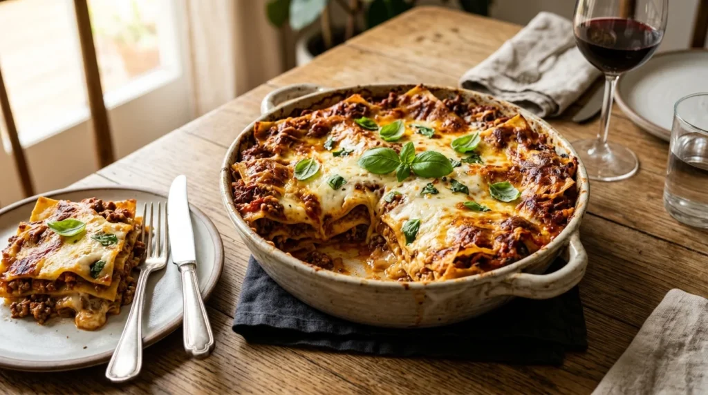Lasagna Recipe served in a rustic ceramic baking dish with melted cheese and rich meat sauce