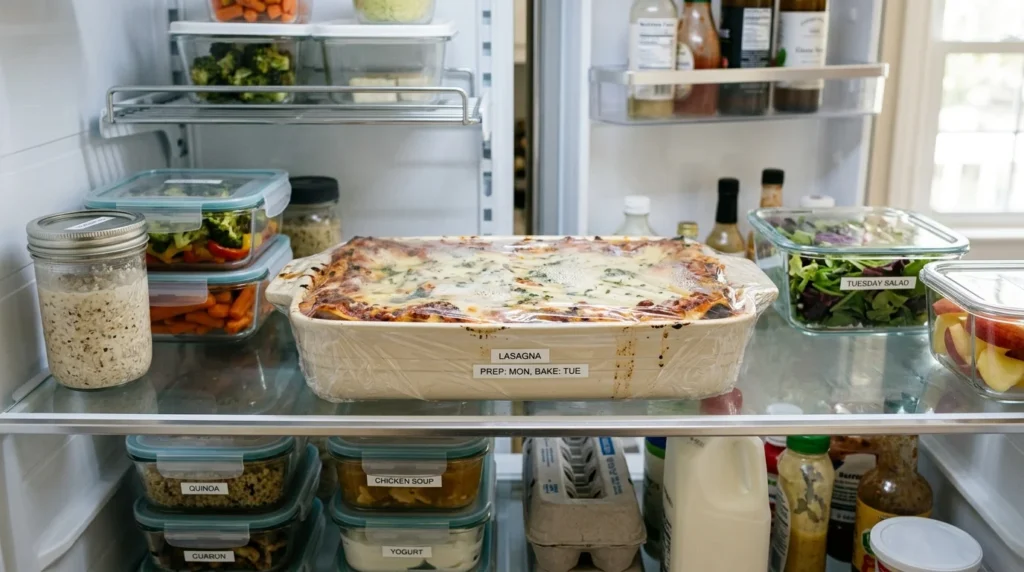 Lasagna Recipe prepared in advance and stored overnight before baking