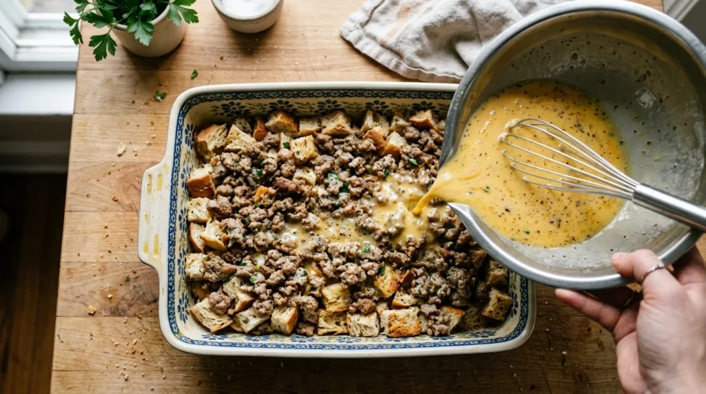  This specific breakfast casserole relies on fresh garden vegetables and tangy cheese for its unique flavor