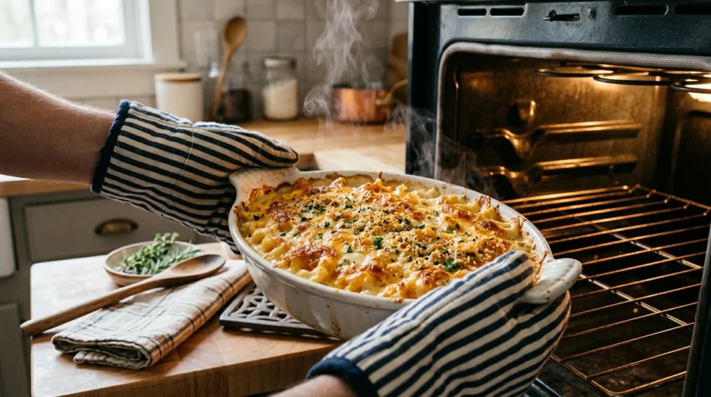Mac and Cheese Recipe prepared for baking with cheese and breadcrumb topping