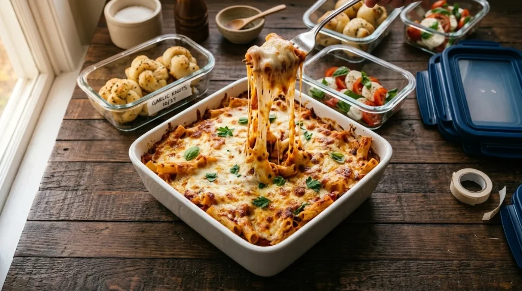 A comforting family dinner table featuring this homemade baked ziti recipe.