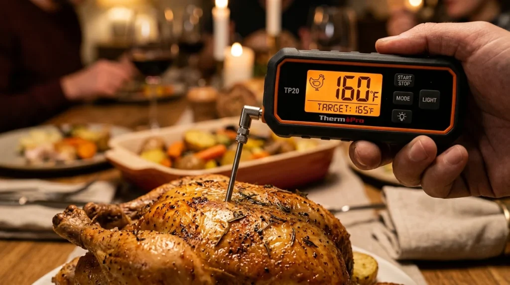 Using a thermometer to ensure a baked chicken breast reaches the safe internal temperature of 160°F.