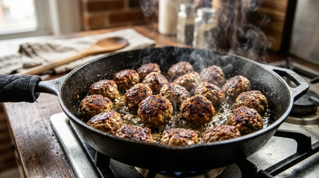Homemade meatballs browning in a skillet to develop rich flavor and texture.
