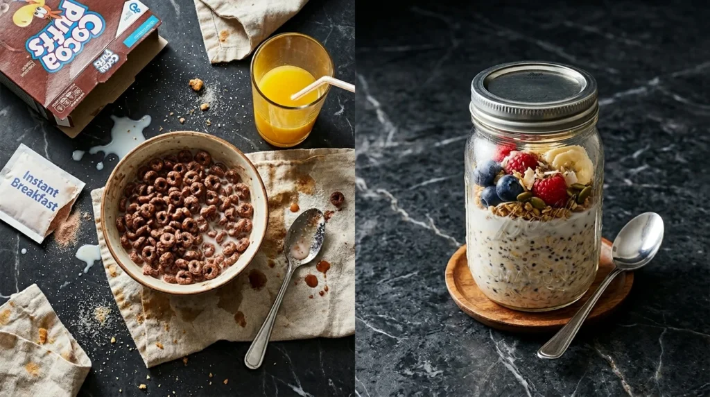 Comparing dry and creamy Overnight Oats to demonstrate common recipe mistakes.
