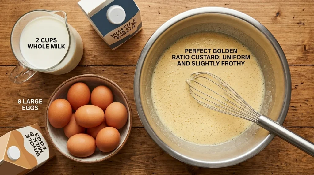 A detailed overhead view of a rustic kitchen counter with a clear measuring pitcher of whole milk and a bowl of eight large eggs, illustrating the perfect golden ratio for a breakfast casserole custard.