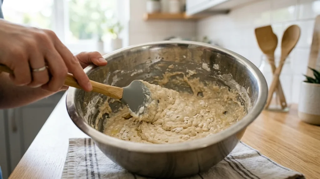 Close-up of fluffy pancakes batter with tiny lumps in a mixing bowl.