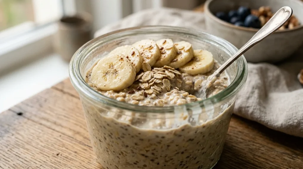 Creamy Overnight Oats topped with banana slices.