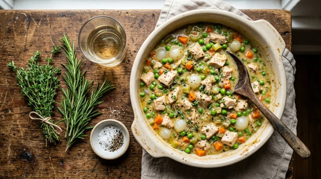 Fresh thyme and rosemary herbs used to enhance Chicken Pot Pie flavor