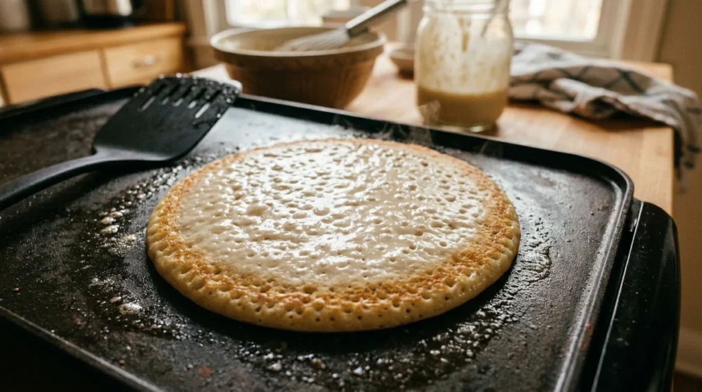 Browning batter circles on a hot griddle for the perfect pancakes recipe.