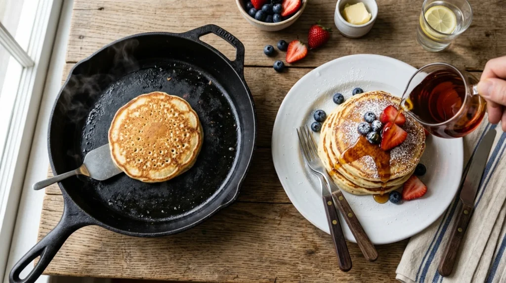 Surface bubbles showing when to flip the batter during a pancakes recipe.