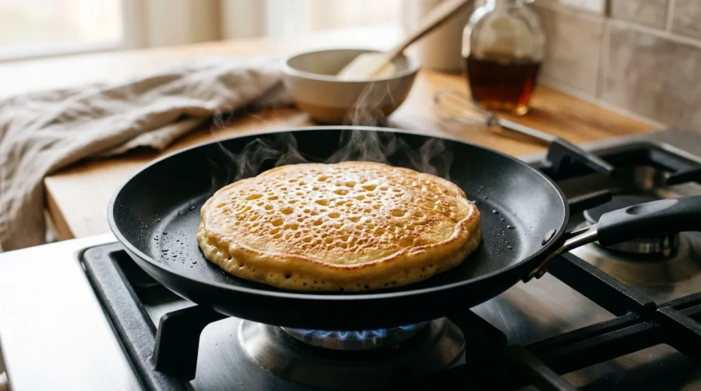 Perfectly golden brown pancakes cooking on a non-stick skillet over medium heat.