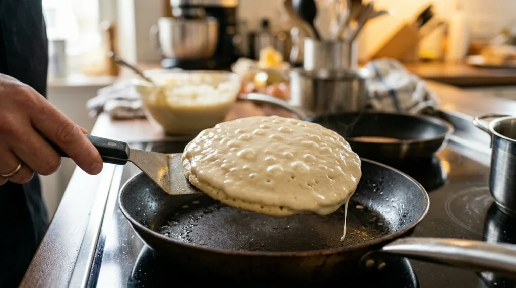 Flipping pancakes at the perfect time when edges look dry.
