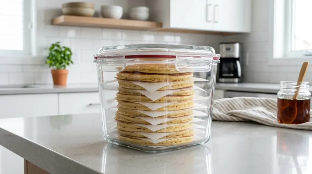 Storing leftover pancakes safely in an airtight container for freezing.