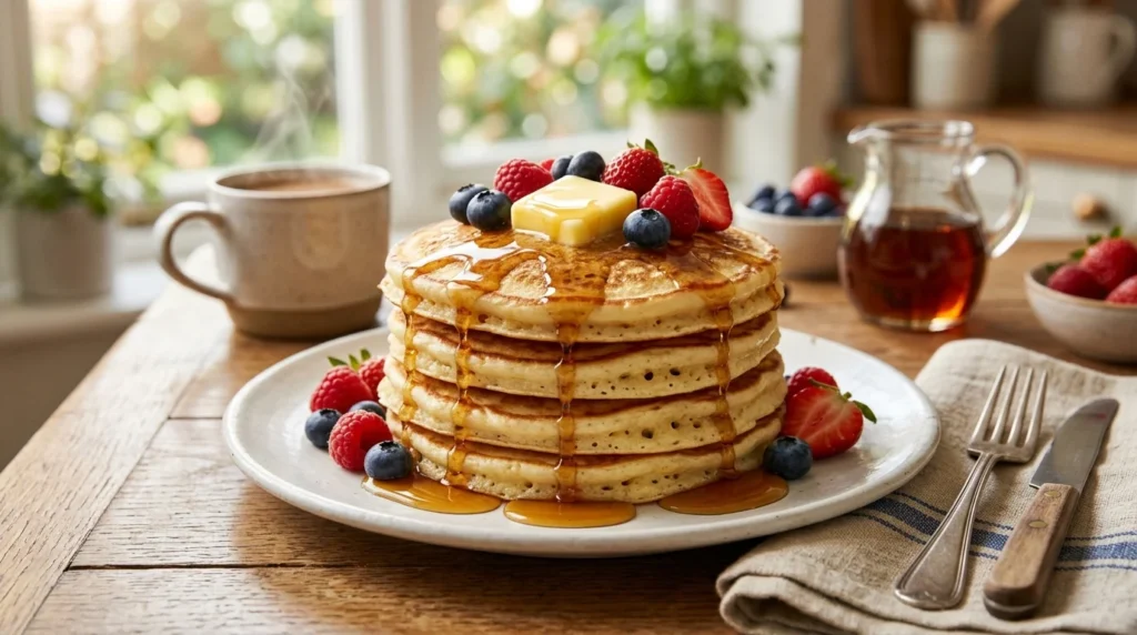 Fluffy golden pancakes topped with fresh berries, butter, and maple syrup on a breakfast table.