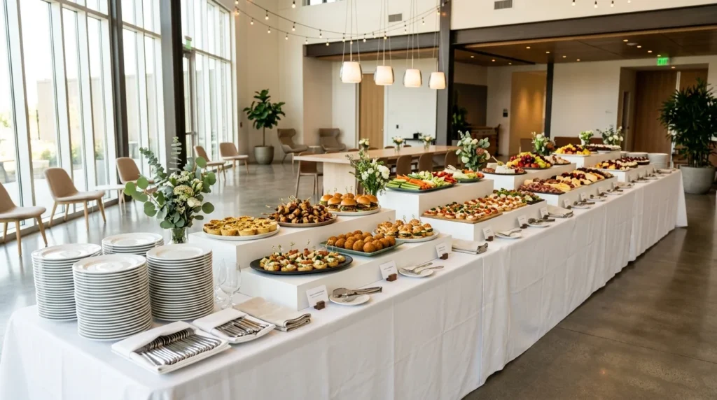 Strategic table layout arrangement for organizing buffet and finger food ideas smoothly.