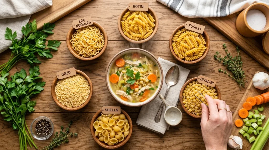 Different pasta shapes displayed beside chicken noodle soup to compare the best options for comfort and texture.