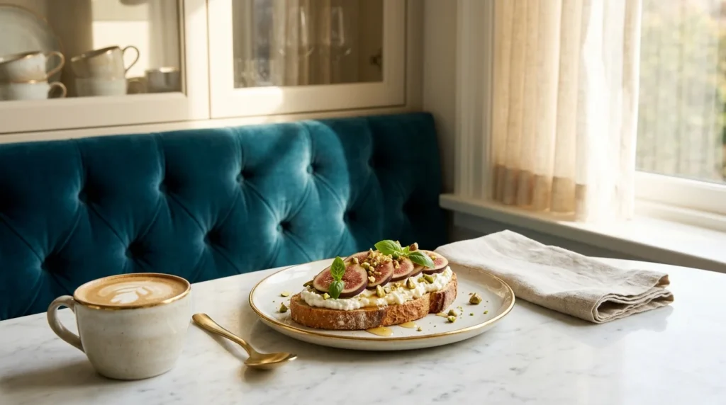 A plated, caramelized brioche French Toast Twist drenched in amber maple syrup and cinnamon, served on an artisan ceramic plate with a gold rim against a luxurious, sunlit teal velvet breakfast nook.