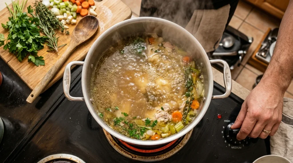 Chicken broth simmering in a pot with controlled heat to avoid overboiling and preserve flavor.
