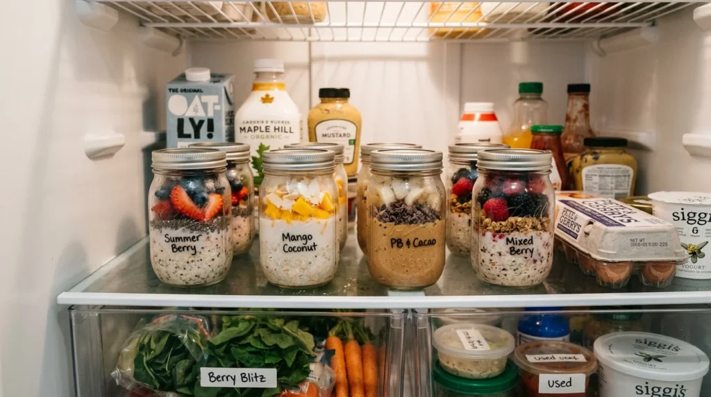 Prepared Overnight Oats stored in sealed jars inside a refrigerator.