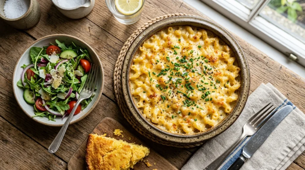 Mac and Cheese Recipe served beautifully with fresh chives and side dishes