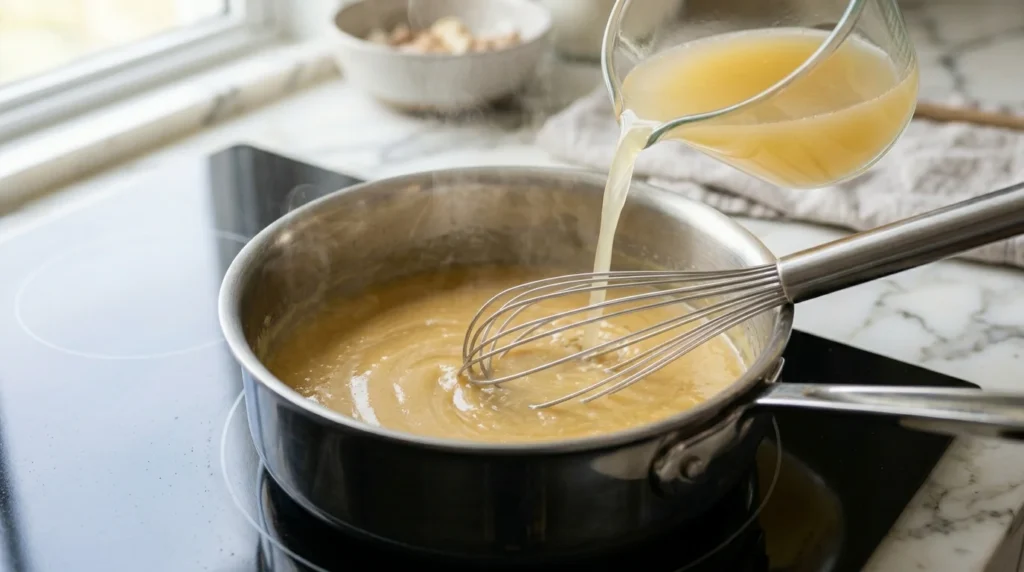 Preparing a smooth roux base for creamy Broccoli Cheddar Soup with butter, flour, and broth.