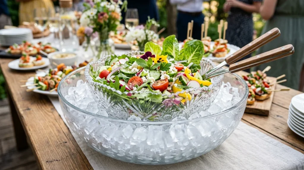 Ice-chilled serving bowl technique used for safe buffet and finger food ideas.