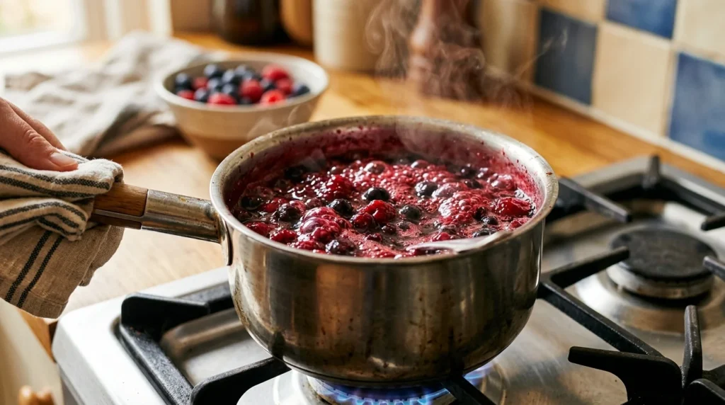 Thick homemade mixed berry syrup topping for a pancakes recipe.
