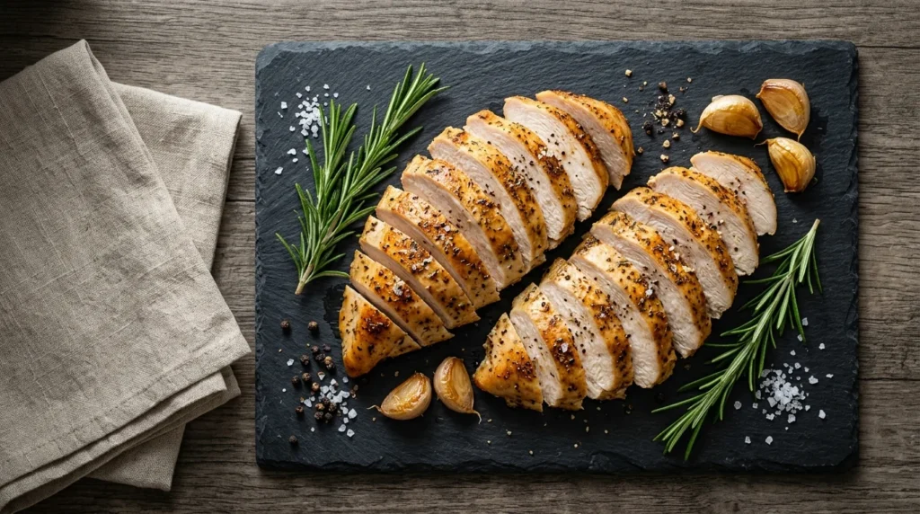 Sliced baked chicken breast on a dark slate board with rosemary, roasted garlic, and seasonings in a top-view gourmet presentation.