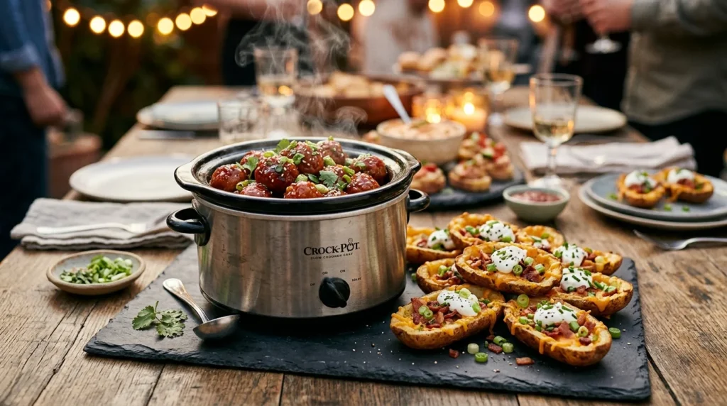 Warm and crispy warm appetizer display showcasing delicious buffet and finger food ideas.
