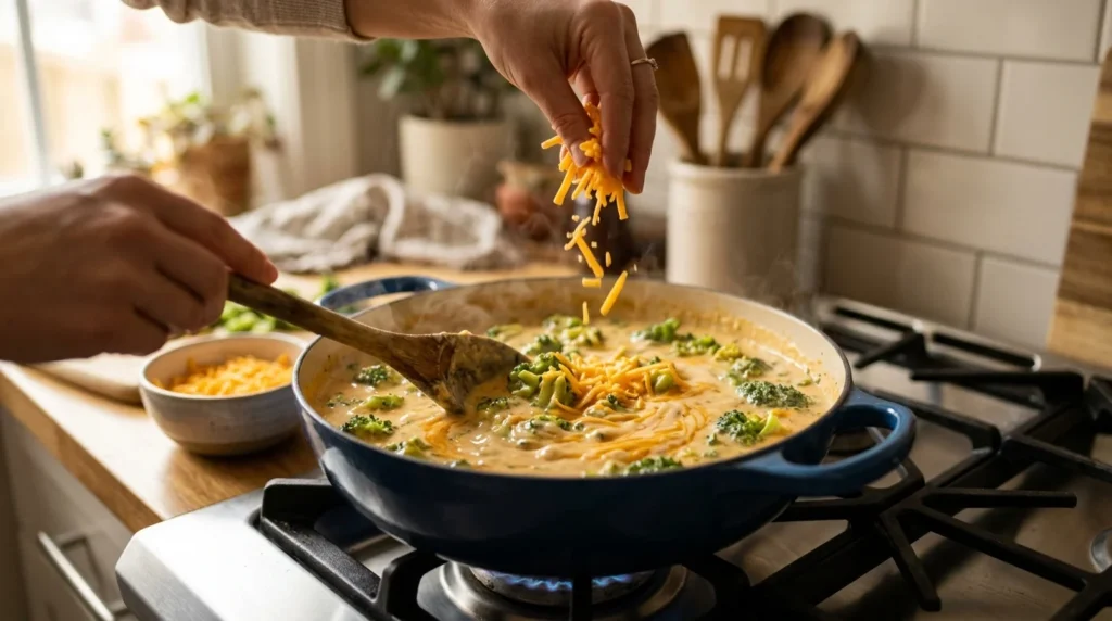 Freshly grated cheddar cheese melting into gently simmering Broccoli Cheddar Soup.